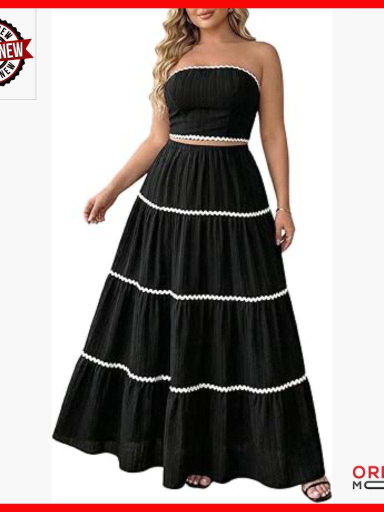 Plus Size 2 Piece Set Tie Backless Crop Top Tiered Ruffle Maxi Skirt
